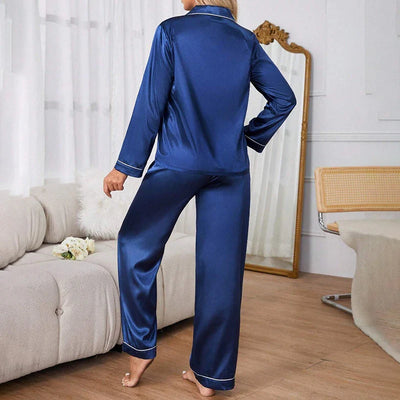 Kolja - Satin-Pyjama-Set mit Langarm-Knopf-Revers-Oberteil mit elastischer Hose für Frauen