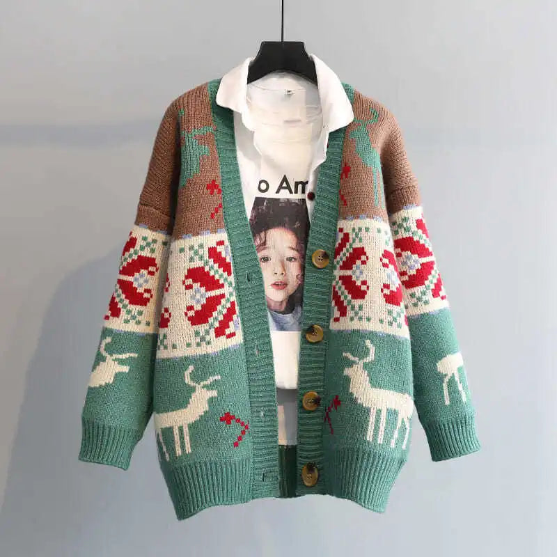 Larissa - Warme Strickjacke mit Knopfverschluss und Weihnachtsaufdruck für Frauen