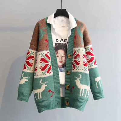 Larissa - Warme Strickjacke mit Knopfverschluss und Weihnachtsaufdruck für Frauen