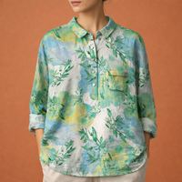 Blumenmuster Bluse mit langen Ärmeln und Kragen für Damen | Viona in Salbeigrün