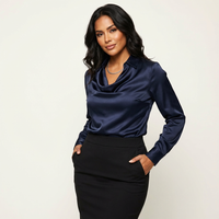 Damen Satinbluse mit Drapiertem Kragen in Blau