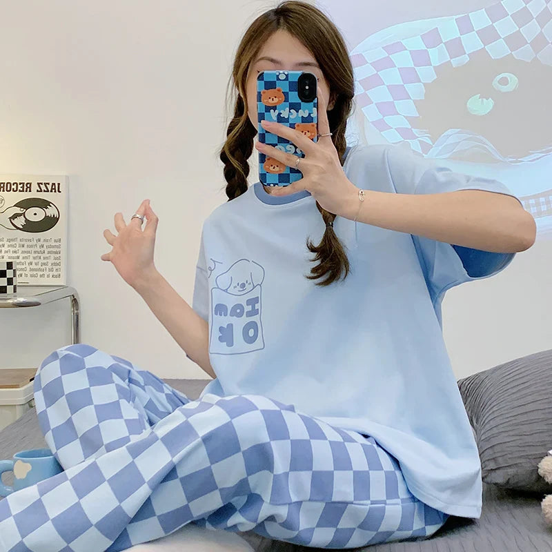 Laura - Gestricktes Baumwoll-Pyjama-Set mit Kurzarm-Shirt und Pyjama-Hose für Frauen