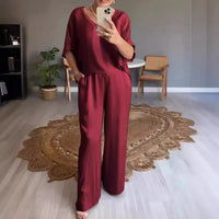 Marevielle™ Set Aus Satinartigem Stoff Mit Lockerer Bluse und Fließender Pantalonhose in Bordeauxrot