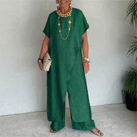 Aurenya™ Set Mit Asymmetrischer Tunika und Fließender Pantalonhose in Grün