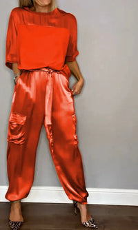 Grace | Damen Satin Set Luxuriös Fließend Elegant Lounge Komfort in Orange