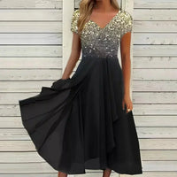 Yvonne | Damen Blumen Formkleid Fließend Kurzarm Elegant Feminin in Gold Schwarz