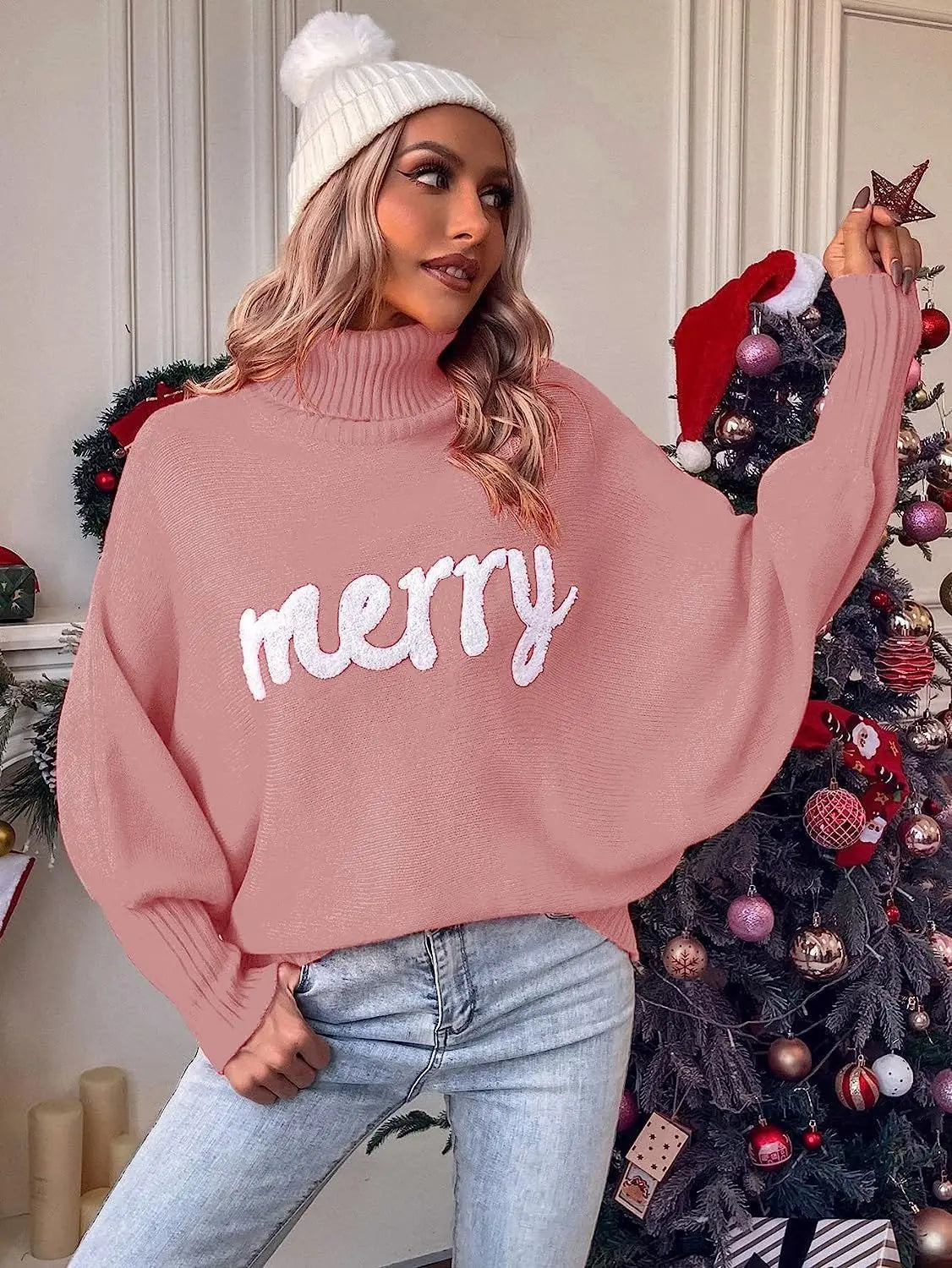 Ines - Fledermausärmel-Strickpullover mit Rollkragen und Geprägtem "Merry“ Schriftzug für Frauen