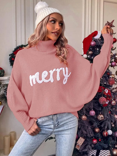 Ines - Fledermausärmel-Strickpullover mit Rollkragen und Geprägtem "Merry“ Schriftzug für Frauen