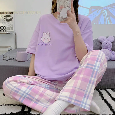 Laura - Gestricktes Baumwoll-Pyjama-Set mit Kurzarm-Shirt und Pyjama-Hose für Frauen