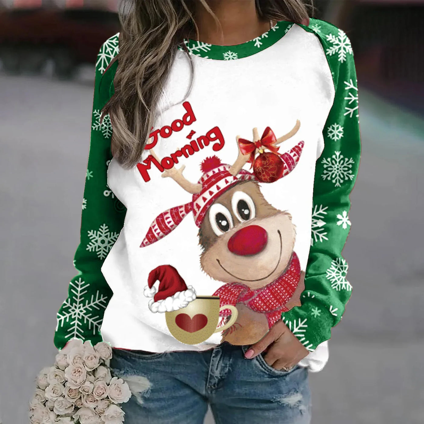 Romina - Warmer Pullover mit Rundhalsausschnitt und 3D Gedrucktem Weihnachts-Rentier für Frauen