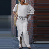 Capri Bleu™ Set mit Asymmetrischem Oberteil und Leichtem Jeansrock in Weiß