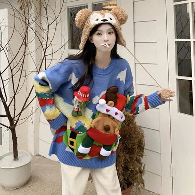 Lisa - Übergroßer Strickpullover mit Rundhalsausschnitt und Geprägtem Weihnachts-Elch-Schneemann für Frauen