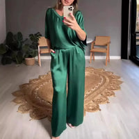 Marevielle™ Set Aus Satinartigem Stoff Mit Lockerer Bluse und Fließender Pantalonhose in Grün