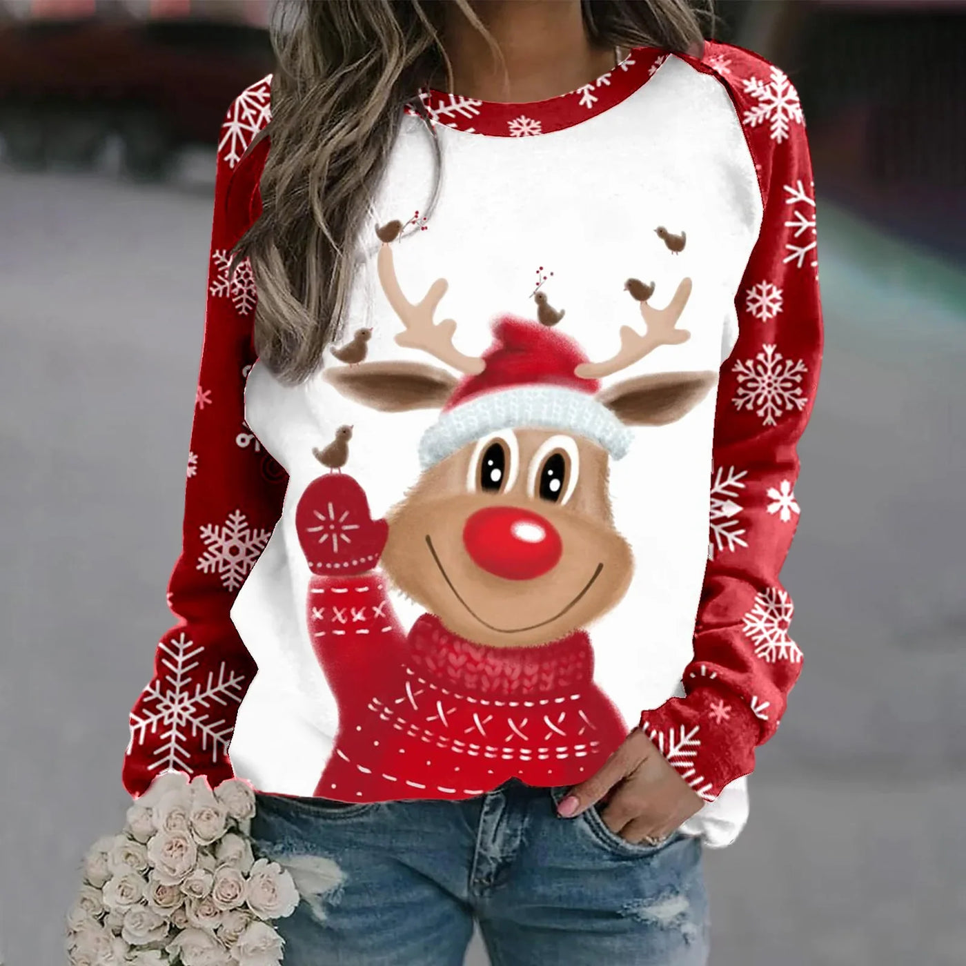 Romina - Warmer Pullover mit Rundhalsausschnitt und 3D Gedrucktem Weihnachts-Rentier für Frauen