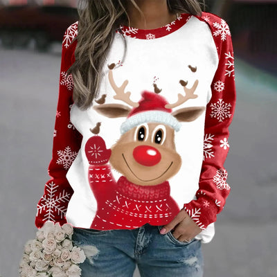 Romina - Warmer Pullover mit Rundhalsausschnitt und 3D Gedrucktem Weihnachts-Rentier für Frauen