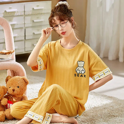 Laura - Gestricktes Baumwoll-Pyjama-Set mit Kurzarm-Shirt und Pyjama-Hose für Frauen