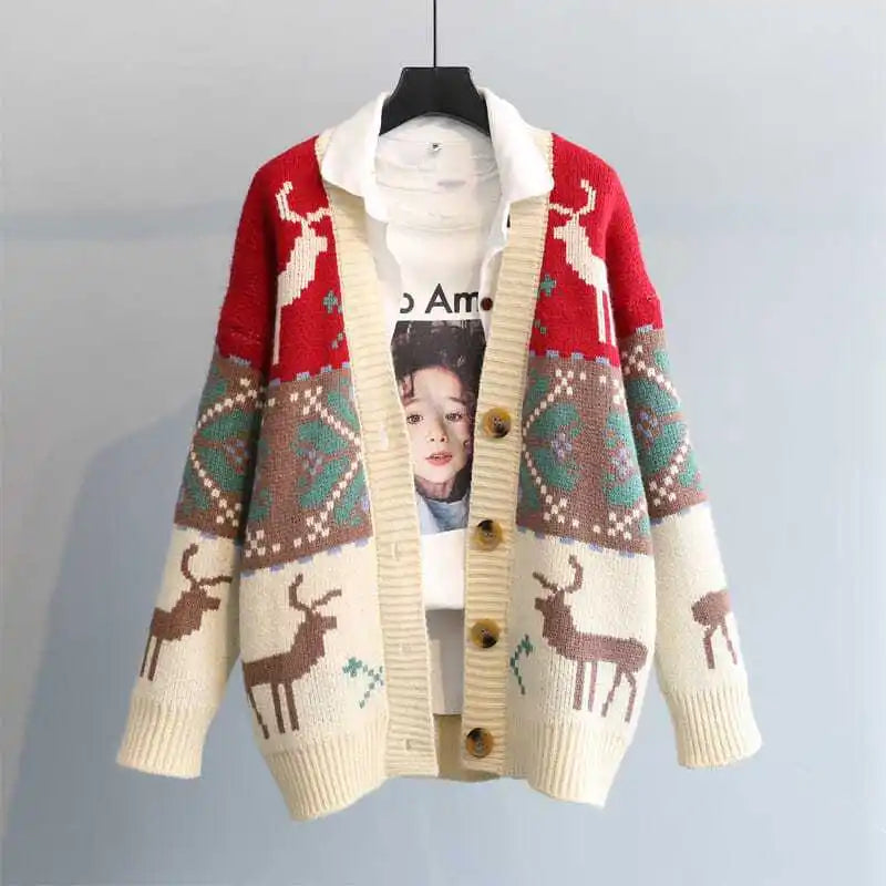 Larissa - Warme Strickjacke mit Knopfverschluss und Weihnachtsaufdruck für Frauen