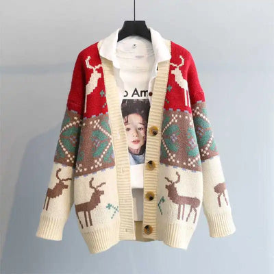 Larissa - Warme Strickjacke mit Knopfverschluss und Weihnachtsaufdruck für Frauen