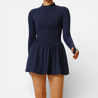 Jana | Damen Sportkleid Langarm Stehkragen Integrierte Shorts Aktiv in Blau