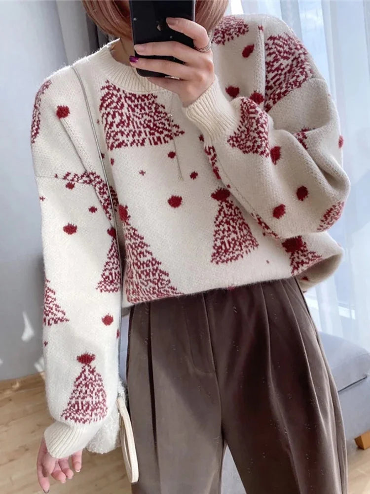 Claudine - Warmer Strickpullover mit Lockerer Passform und Weihnachtsbaum-Print für Frauen