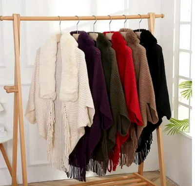 FLORENCE - Luxuriöser Strickschal mit trendigen Fransen und Pelzkragen für den Winter