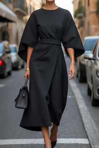 Annika | Damen Midikleid Taillengürtel Elegant Feminin Business Modern in Schwarz