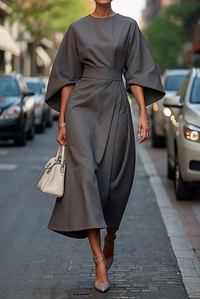 Annika | Damen Midikleid Taillengürtel Elegant Feminin Business Modern in Grau