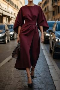 Annika | Damen Midikleid Taillengürtel Elegant Feminin Business Modern in Bordeaux