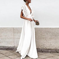 Véronique | Damen Kleid V-Ausschnitt Geraffter Ärmel Elegant Abend in Weiß