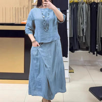 Bellarive™ Set Aus Baumwoll-Leinen Mit Weiter Bluse und Wickelrock in Blau