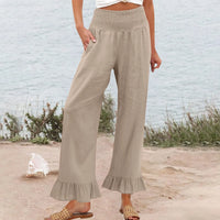 Hose Alva™ aus Leinen-Baumwoll-Mix mit hohem Smokbund und Volantsaum in Beige