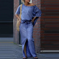 Capri Bleu™ Set mit Asymmetrischem Oberteil und Leichtem Jeansrock in Blau