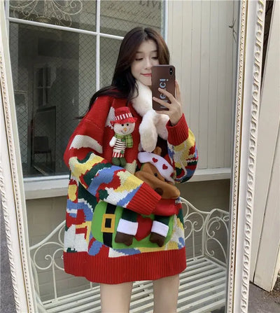 Lisa - Übergroßer Strickpullover mit Rundhalsausschnitt und Geprägtem Weihnachts-Elch-Schneemann für Frauen