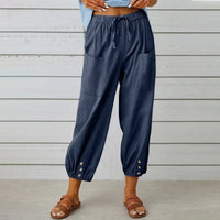 Kobe™ Baumwoll-Leinen-Hose mit Fronttaschen und verstellbarem Kordelzug in Dunkelblau