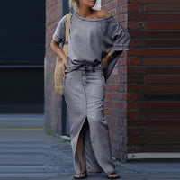 Capri Bleu™ Set mit Asymmetrischem Oberteil und Leichtem Jeansrock in Grau