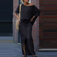 Capri Bleu™ Set mit Asymmetrischem Oberteil und Leichtem Jeansrock in Schwarz