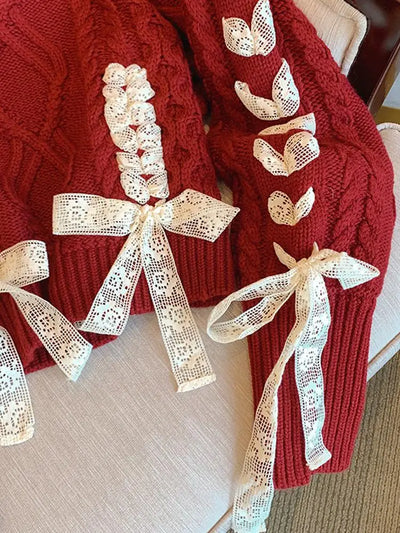 Valentine - Warmer Strickpullover mit Spitzenfäden und Schleife für Frauen
