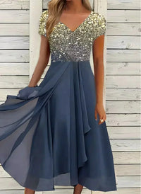 Yvonne | Damen Blumen Formkleid Fließend Kurzarm Elegant Feminin in Gold Blau