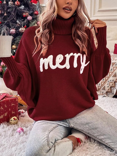 Ines - Fledermausärmel-Strickpullover mit Rollkragen und Geprägtem "Merry“ Schriftzug für Frauen