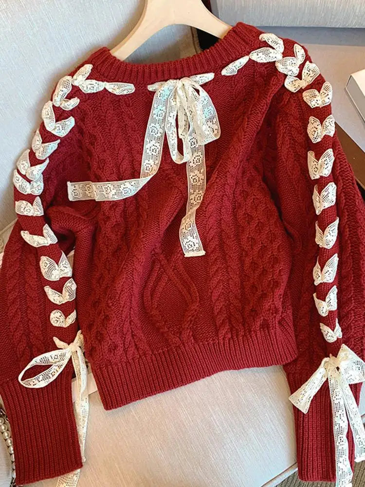 Valentine - Warmer Strickpullover mit Spitzenfäden und Schleife für Frauen