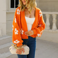 Damen Floral V-Ausschnitt Cropped Cardigan in Orange