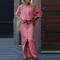 Capri Bleu™ Set mit Asymmetrischem Oberteil und Leichtem Jeansrock in Pink