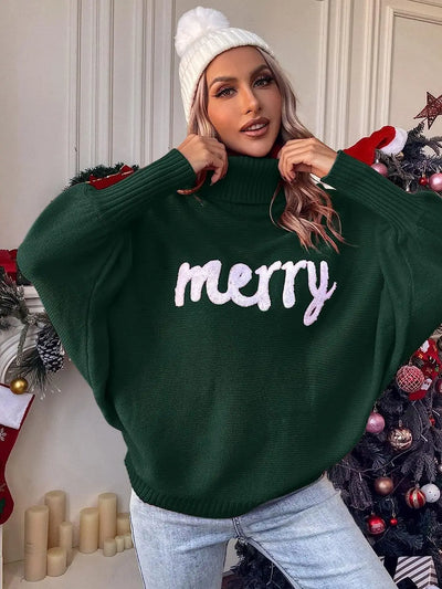 Ines - Fledermausärmel-Strickpullover mit Rollkragen und Geprägtem "Merry“ Schriftzug für Frauen