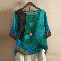 Damen Vintage Bedruckt Kurzarm Bluse in Blau Grün