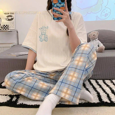 Laura - Gestricktes Baumwoll-Pyjama-Set mit Kurzarm-Shirt und Pyjama-Hose für Frauen