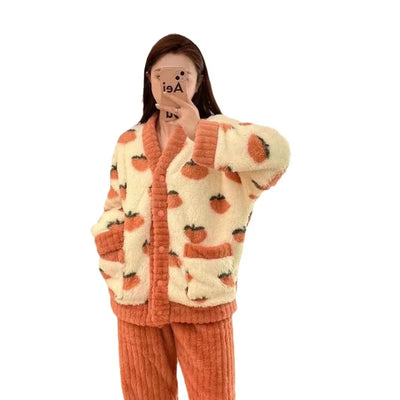 Darline - Samt-Fleece-Pyjama-Set mit Erdbeer-Print für Frauen