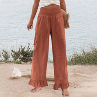 Hose Alva™ aus Leinen-Baumwoll-Mix mit hohem Smokbund und Volantsaum in Orange