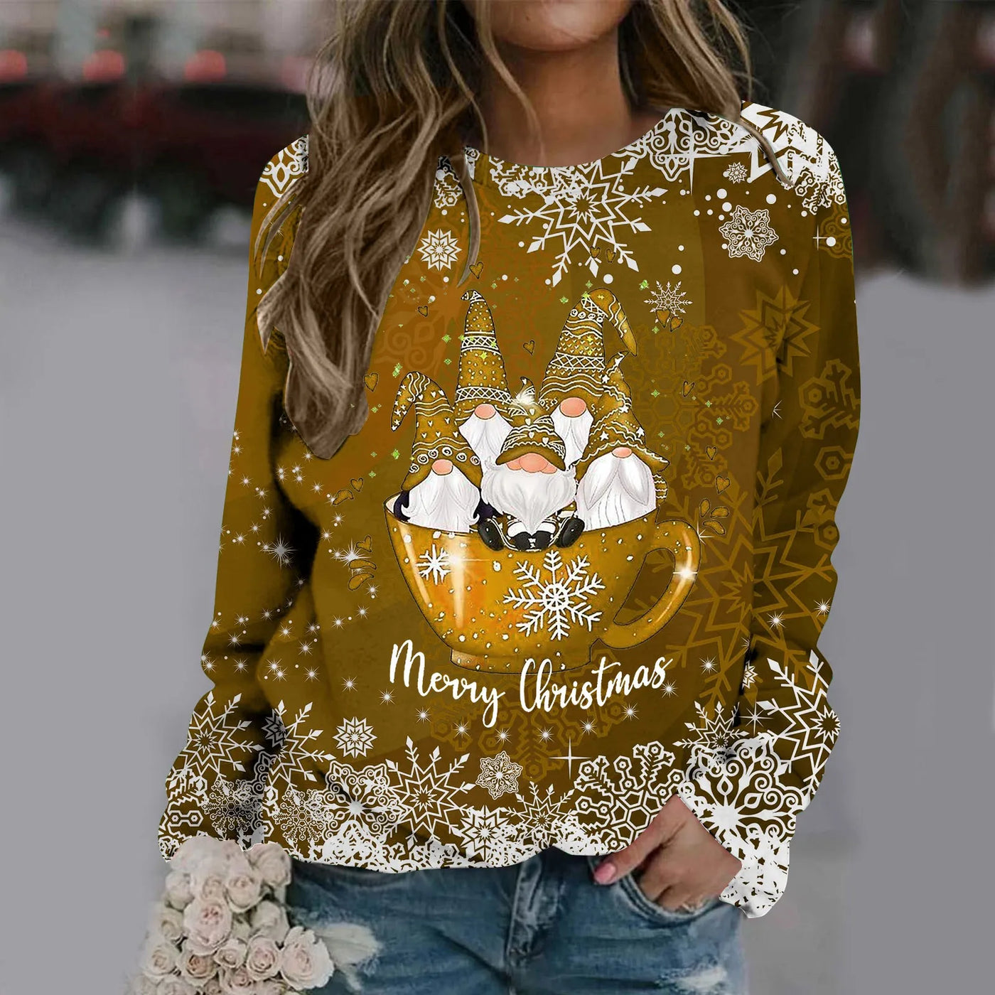 Zorana - Warmer Pullover mit Rundhalsausschnitt und Frohe Weihnachten Druck für Frauen