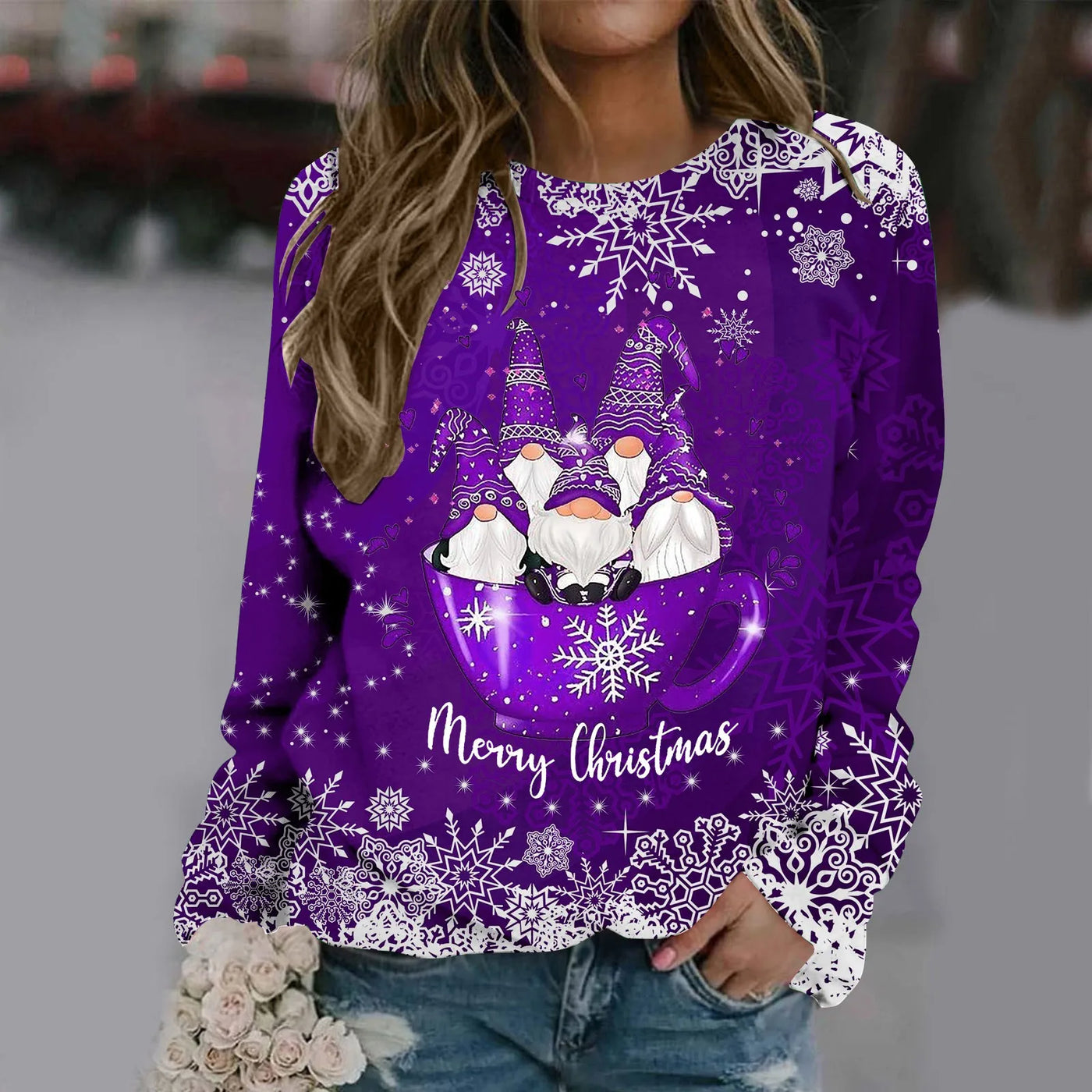 Zorana - Warmer Pullover mit Rundhalsausschnitt und Frohe Weihnachten Druck für Frauen