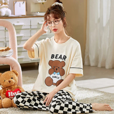 Laura - Gestricktes Baumwoll-Pyjama-Set mit Kurzarm-Shirt und Pyjama-Hose für Frauen